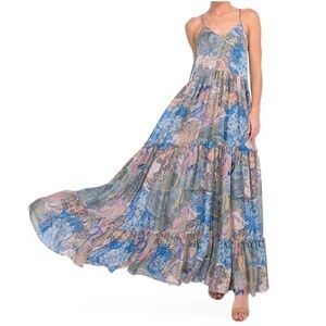 MISA Kali Dress in Patchwork Batik Floral Maxi Dress in Blue and Pink  Medium